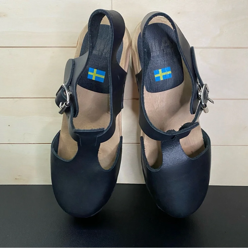 Mia Madeline Swedish Clogs Women's Size 7.5 Shoes EU38 Black Leather Wooden - Picture 8 of 11